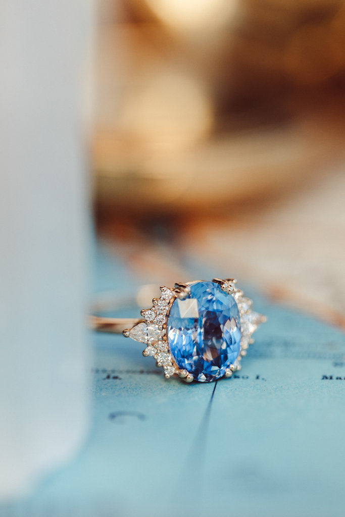 Stone Ring - The Atlantis 3.93 ct Oval Bright Blue Sapphire with .27 ct Side