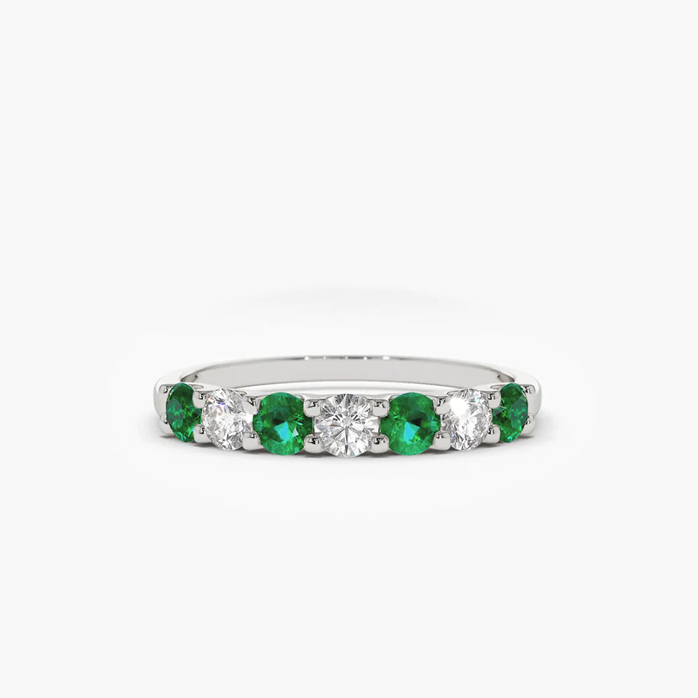 Solid Gold Alternating Emerald and Diamond Wedding Band