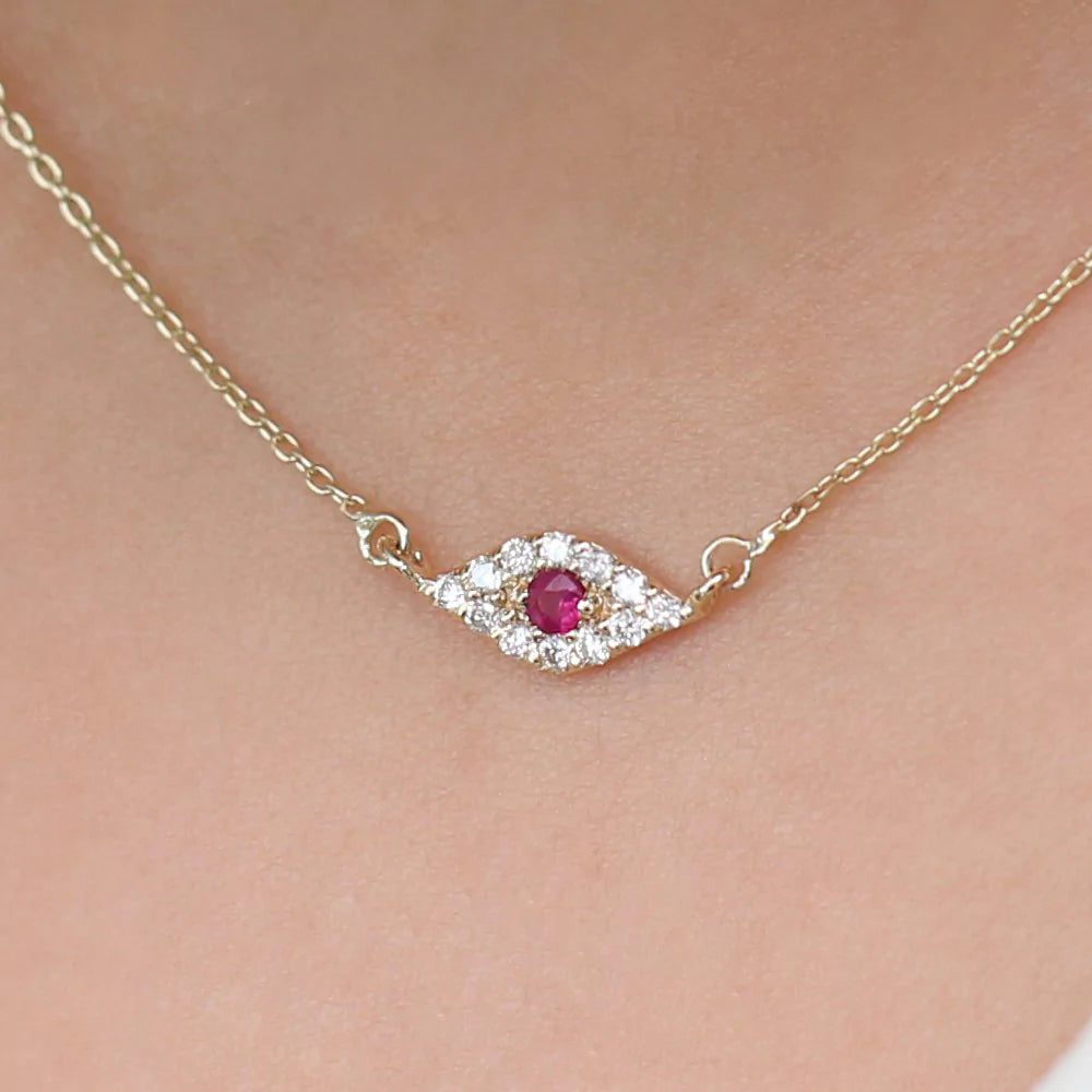 Solid Gold Diamond and Ruby Evil Eye Necklace