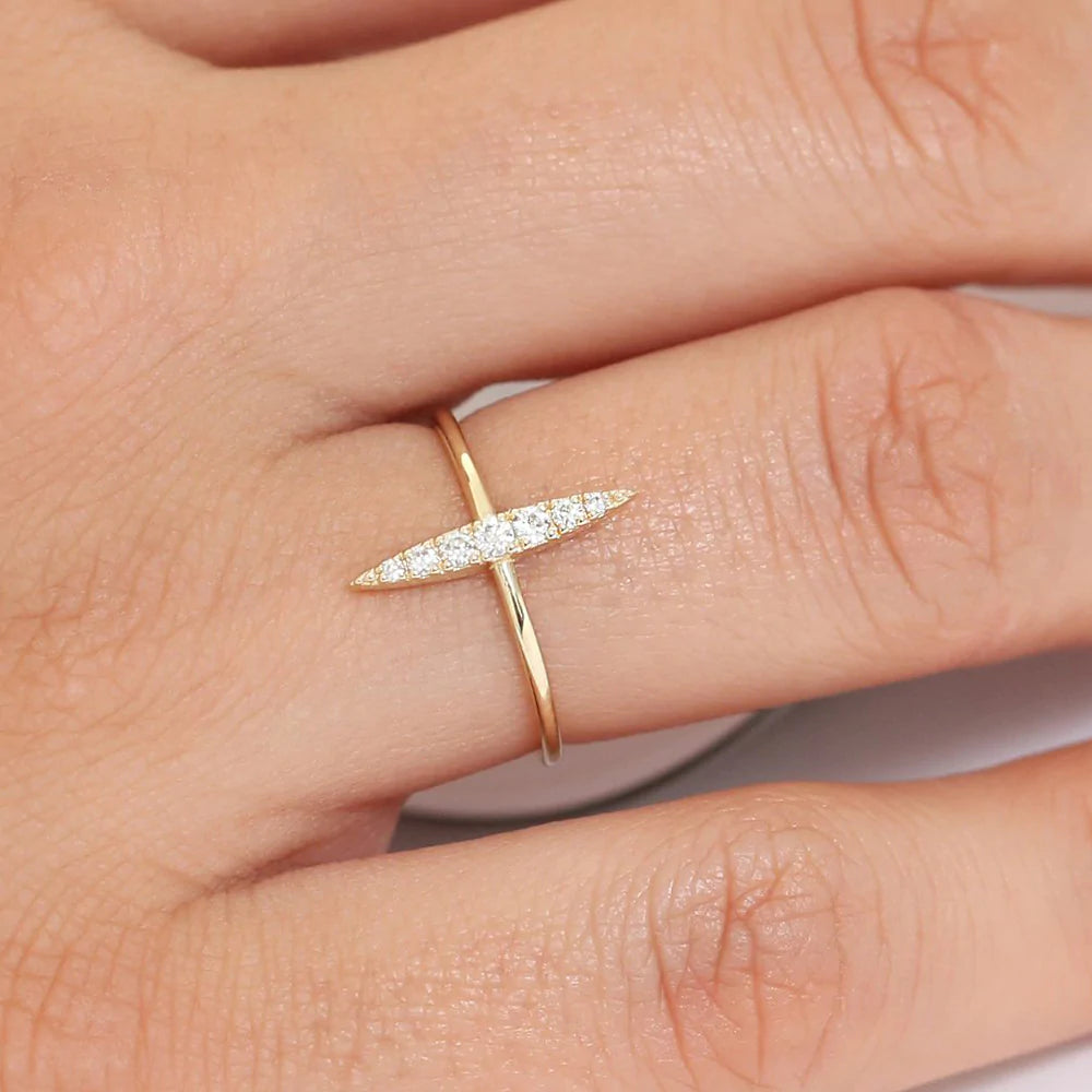 Solid Gold Elongated Micro Pave Diamond Ring