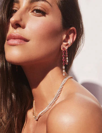 Solid Gold Long Ruby And Diamond Pear Shape Drop Earrings