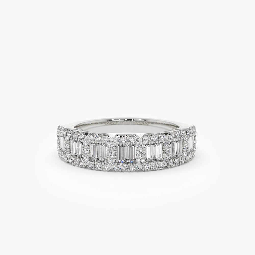 Solid Gold Unique Baguette and Round Diamond Anniversary Ring