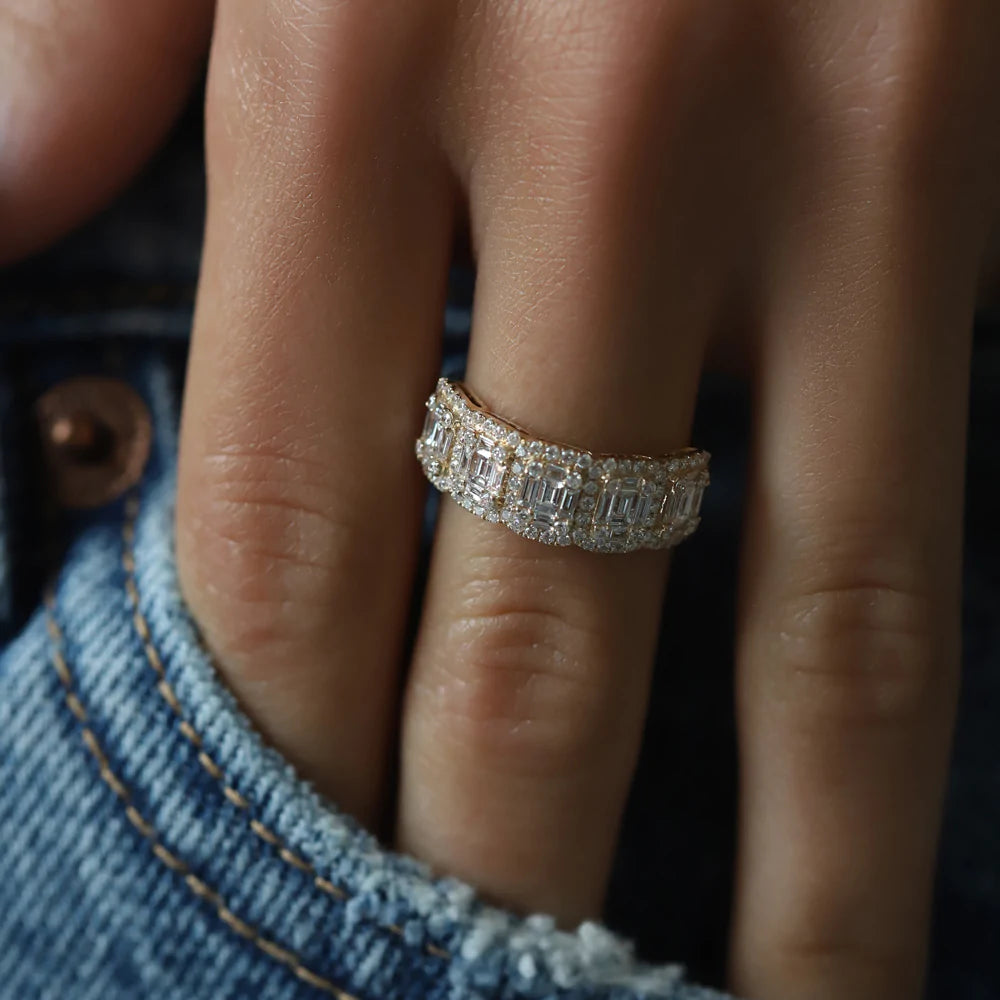 Solid Gold Baguette and Round Halo Diamond Ring