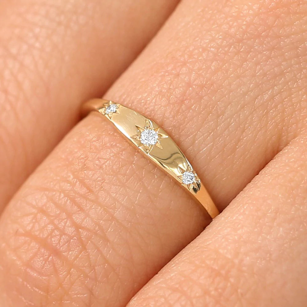 Solid Gold Star Setting 3 Diamond Stacking Ring