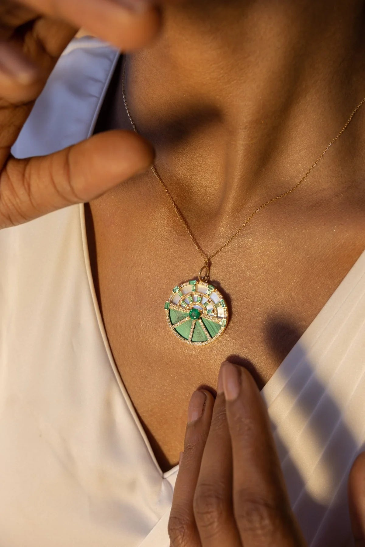 Solid Gold Emerald & Malachite Diamon Charm
