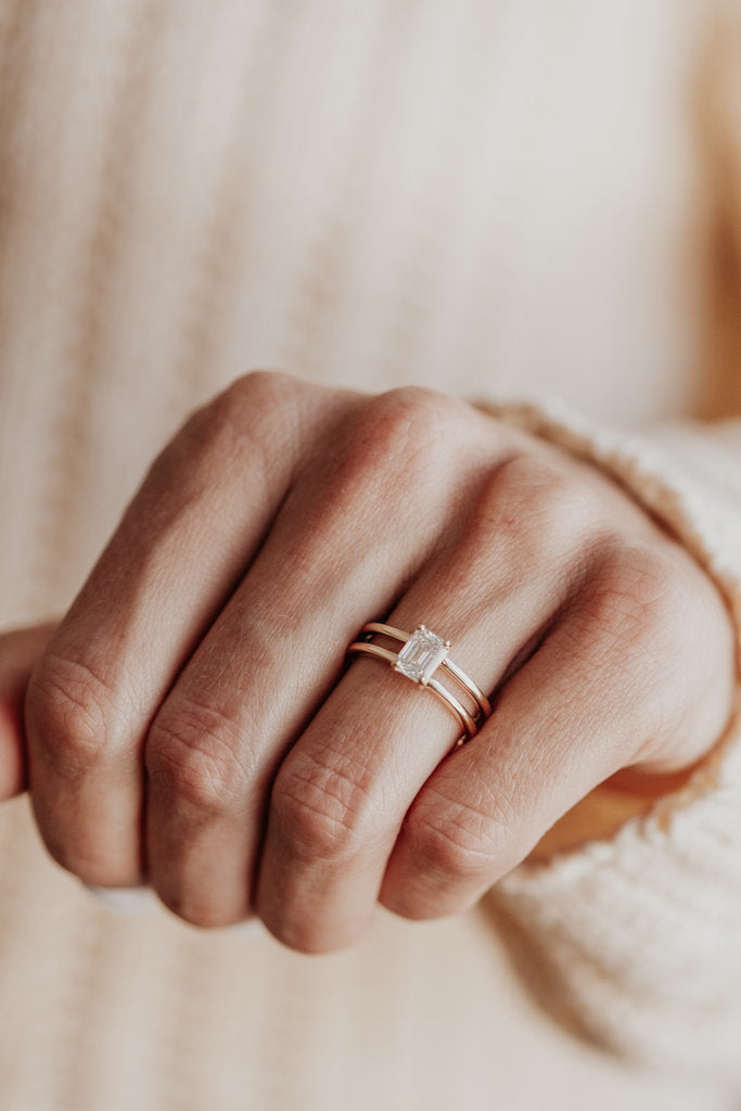 Solid Gold Emerald Cut Lab-Grown Diamond Double Band Solitaire