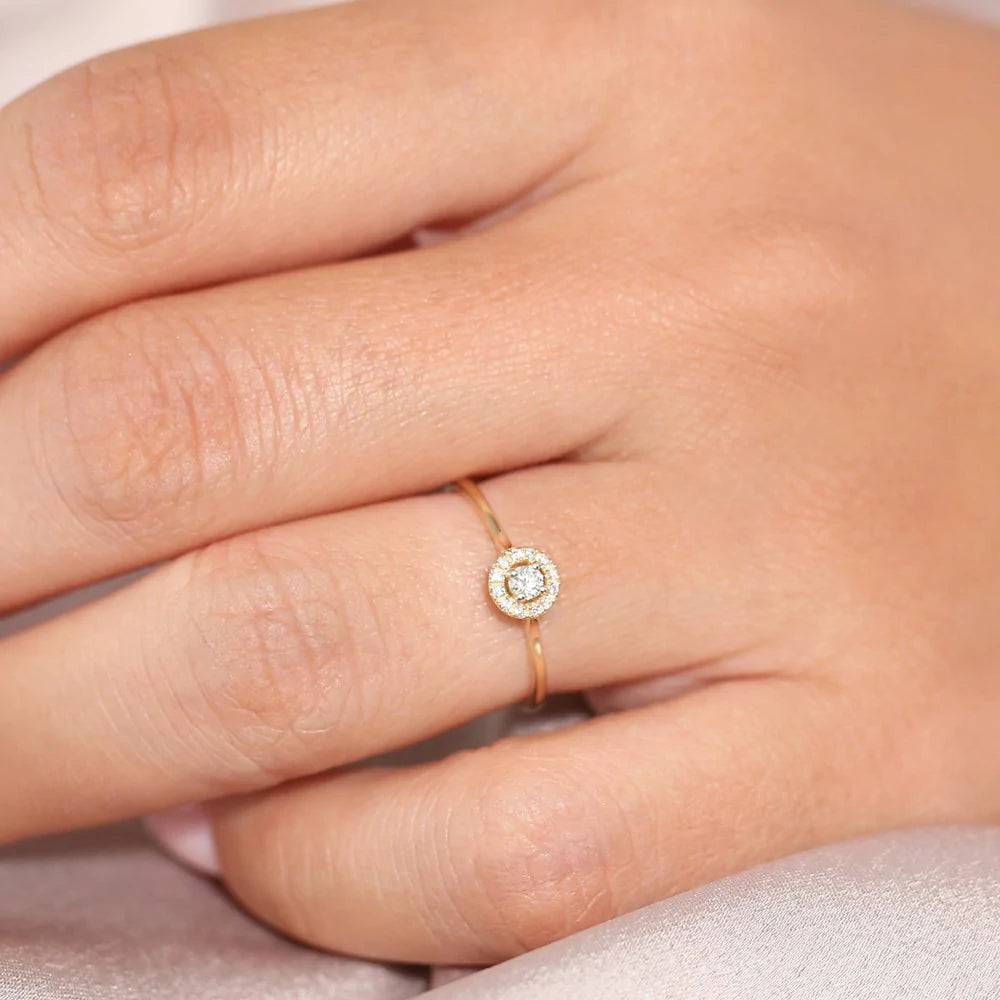 18K Solid Gold Halo Diamond Ring