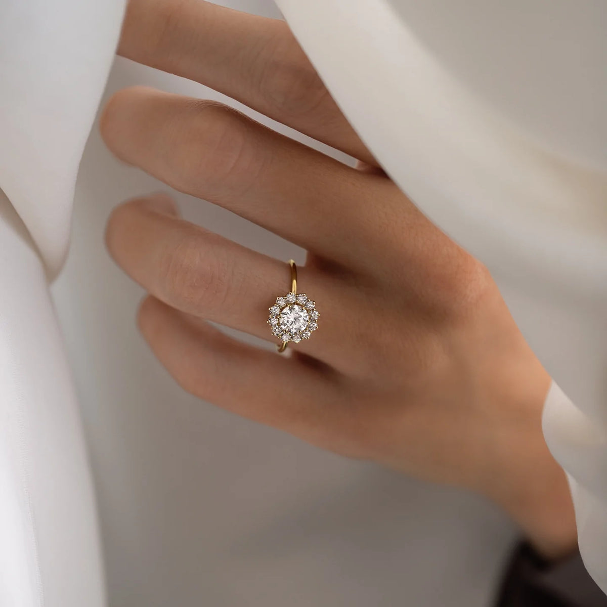 Solid Gold Halo Ring, 0.7ct. Round Cut Diamond Moissanite Engagement Ring