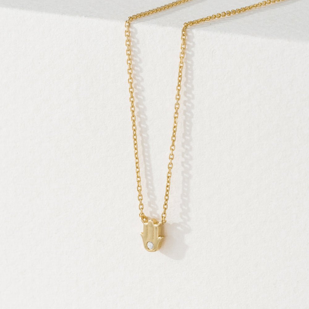 Solid Gold Single Diamond Hamsa Necklace