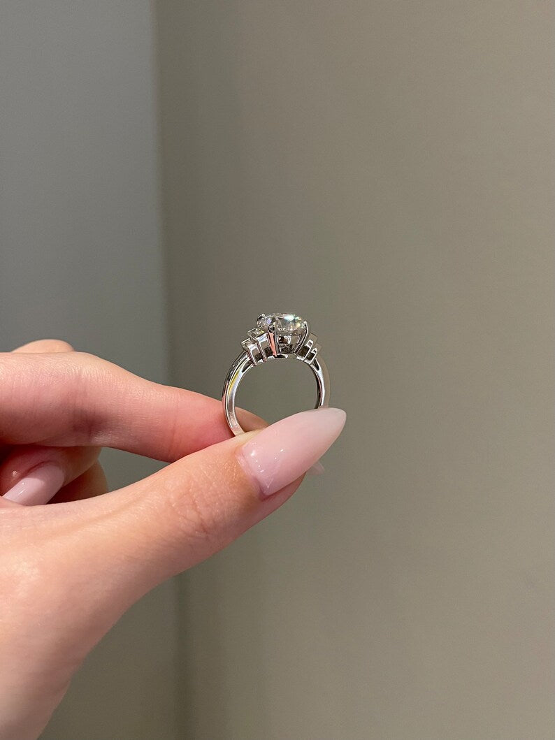 Stones Ring - 3.5ct Brilliant Round Moissanite 4-Prong Baguettes Moissanite Side