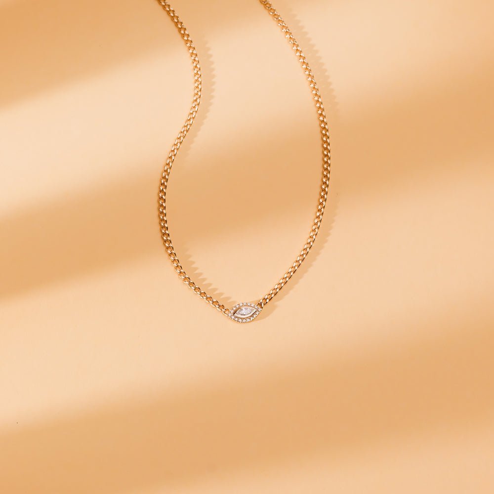 Solid Gold Diamond Evil Eye Cuban Chain Necklace (F082D3)