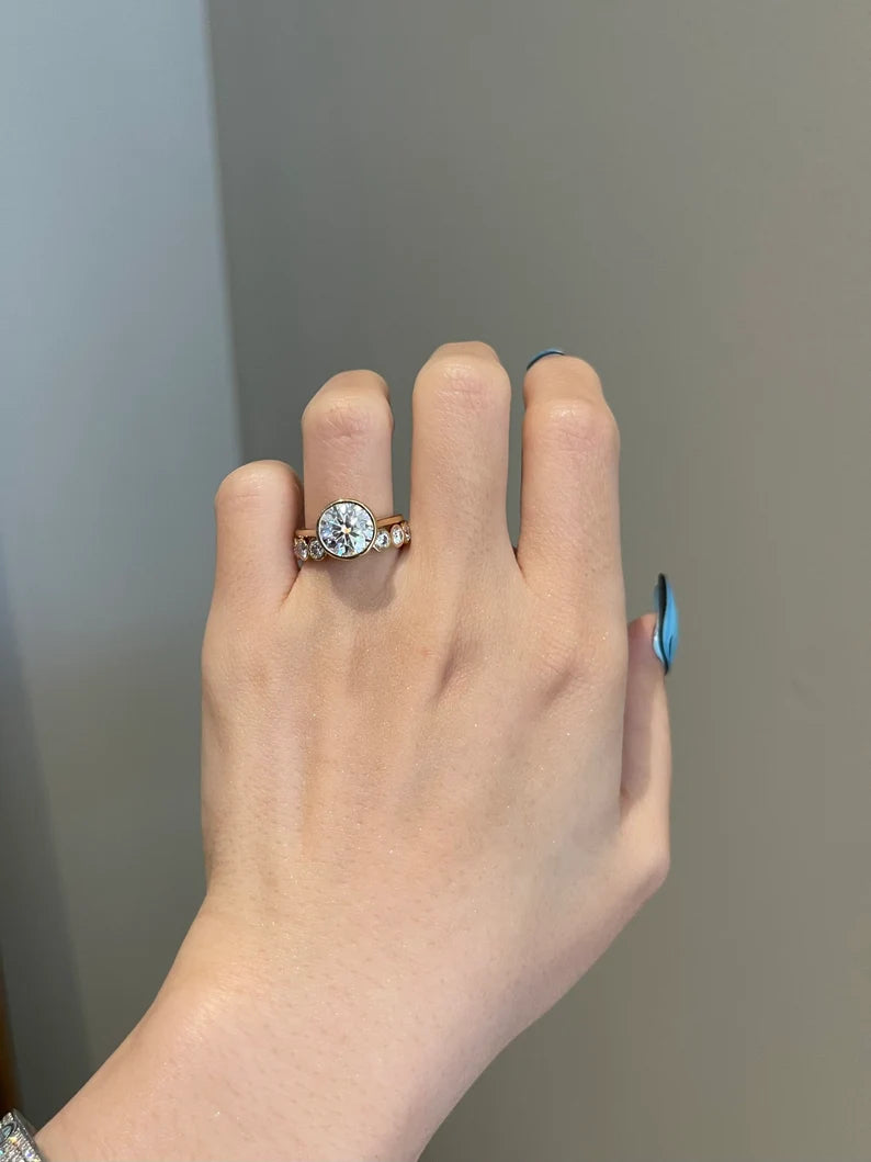 Engagement Ring - 2.5 Carat Brilliant Round Moissanite Bezel Cathedral Solitaire