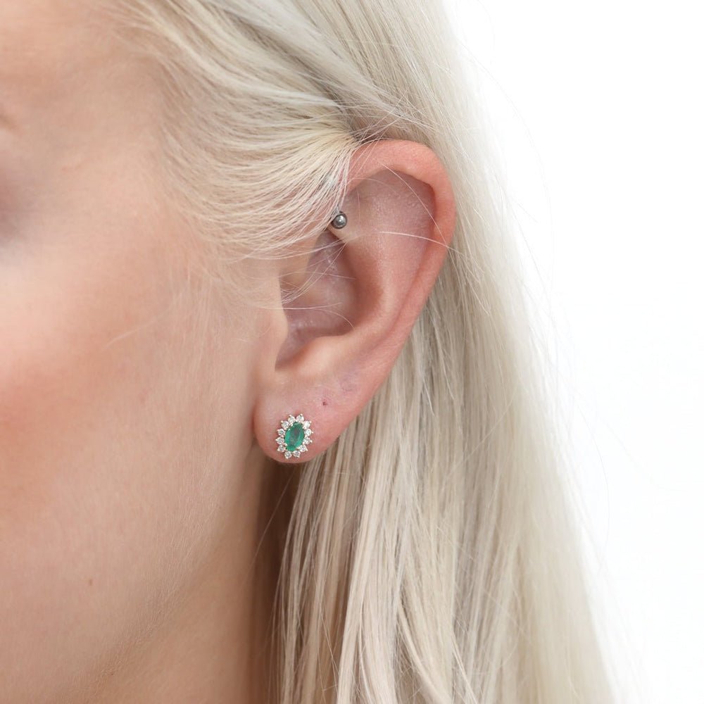 Solid Gold Oval Emerald Halo Diamond Studs