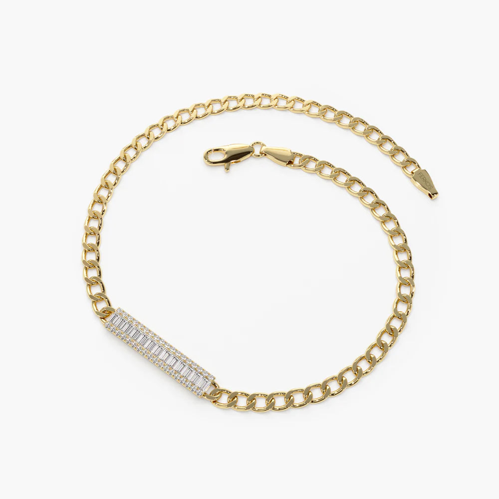 Solid Gold Baguette Diamond Bar Curb Link Bracelet