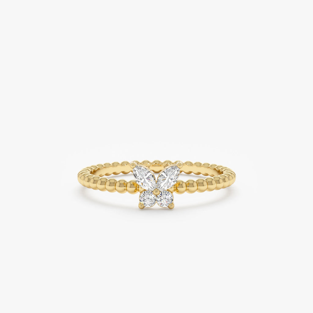 14K Solid Gold Beaded Diamond Butterfly Ring