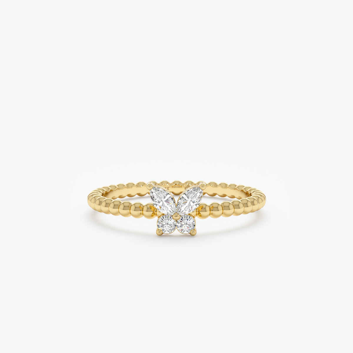 14K Solid Gold Beaded Diamond Butterfly Ring
