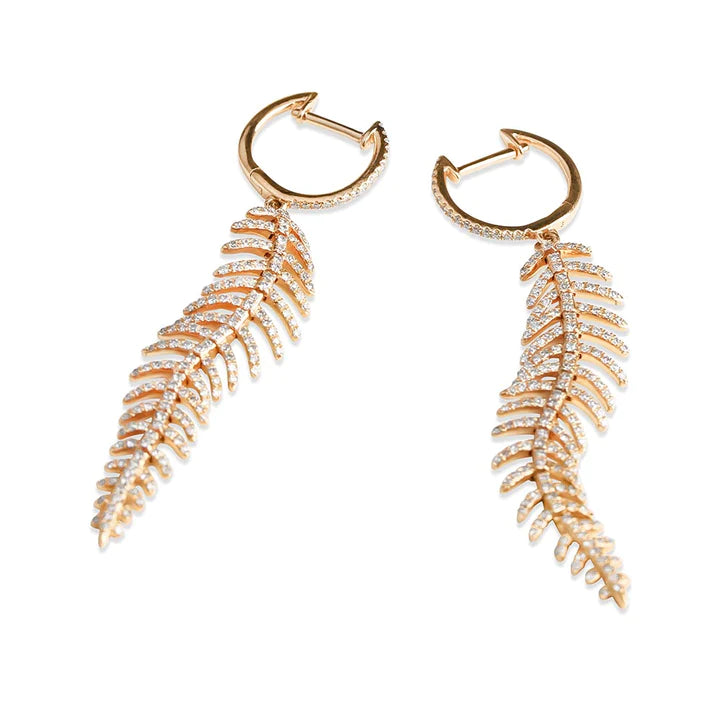 Solid Gold Diamond Feather Drop Earrings