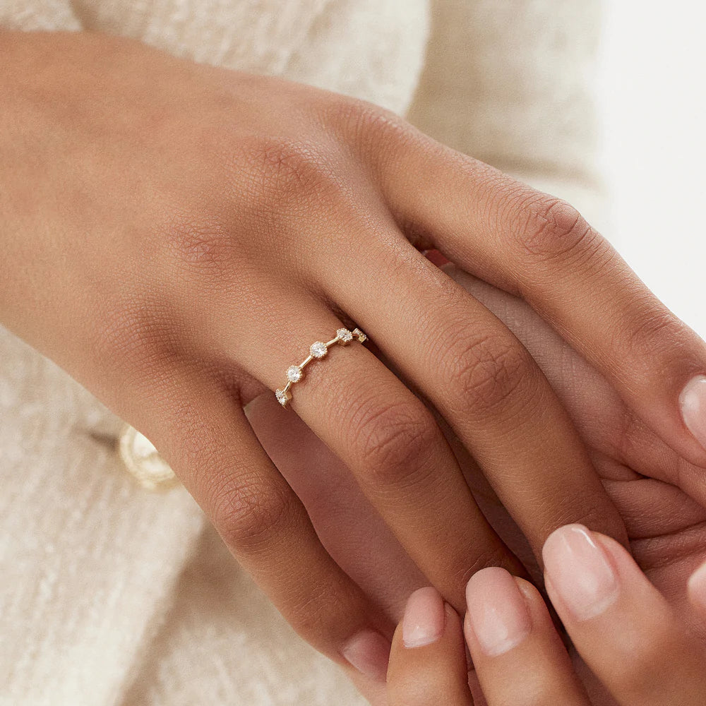 Solid Gold Hexagon Milgrain Setting Five Stone Diamond Ring