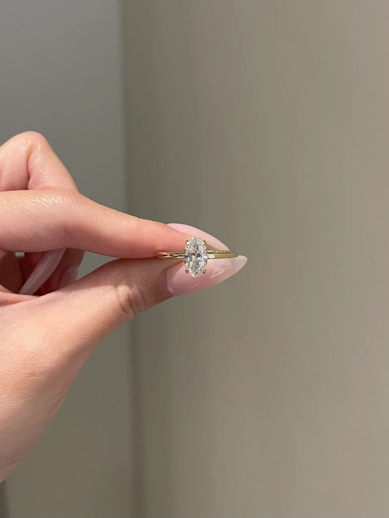Solid Gold Engagement Ring 2 Carat Brilliant Oval Cut Moissanite Solitaire