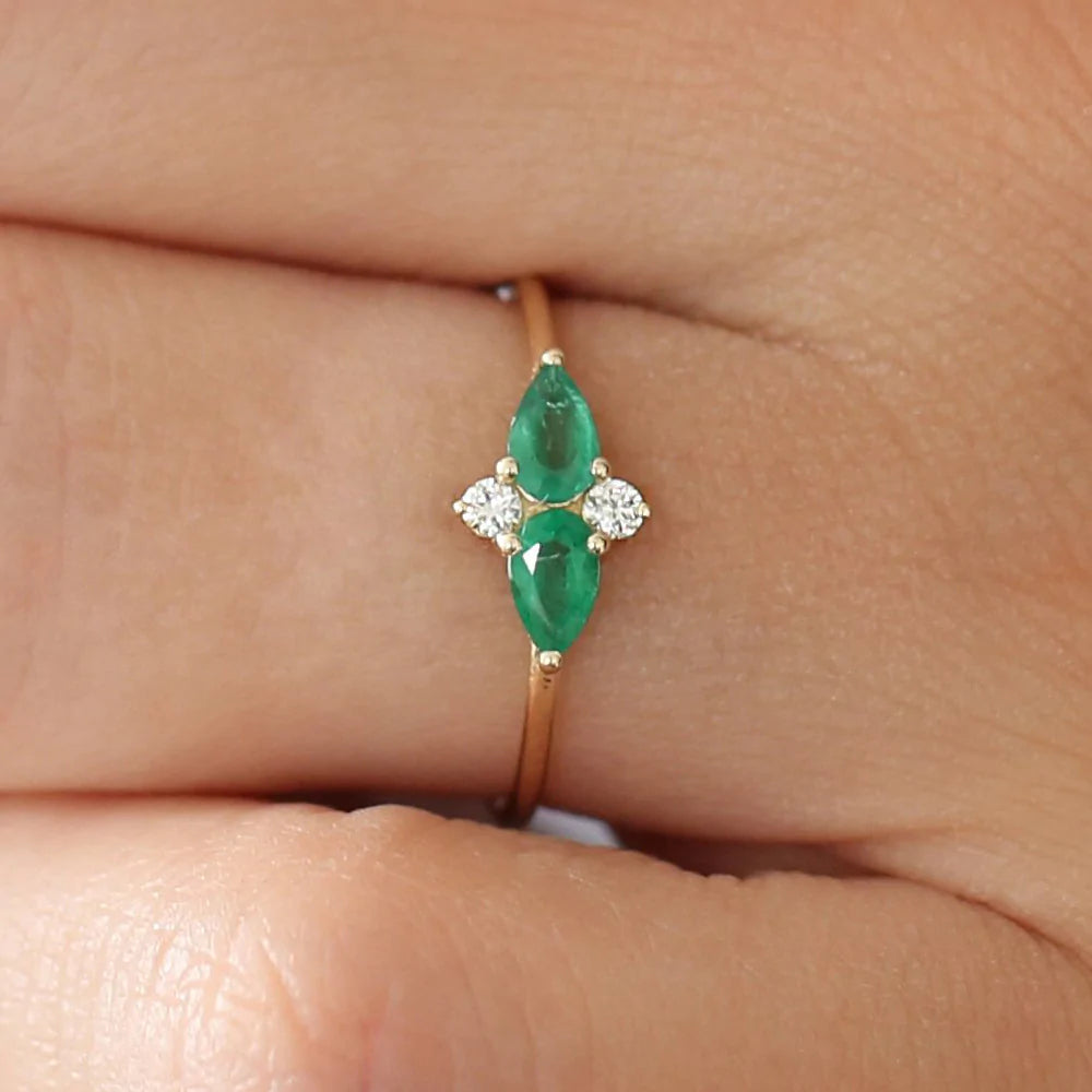 Solid Gold Pear Shape Emerald and Diamond Cluster Ring