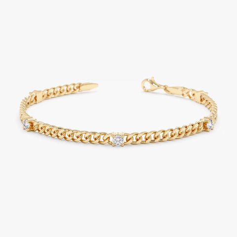 Solid Gold Cuban Link Diamond Station Bracelet