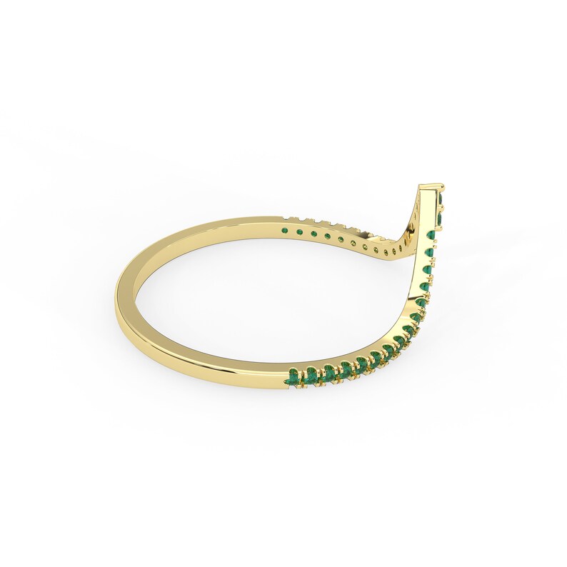 Solid Gold V Shape Natural Emerald Wedding Band