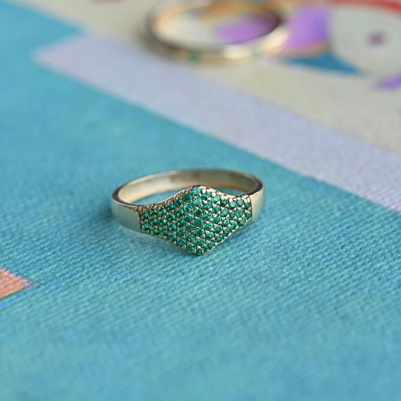 Solid Gold Emerald Flat Pave Signet Ring