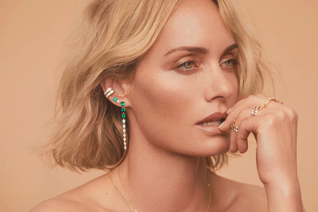 Solid Gold Pear Diamond Stud & Emerald Cut Emerald