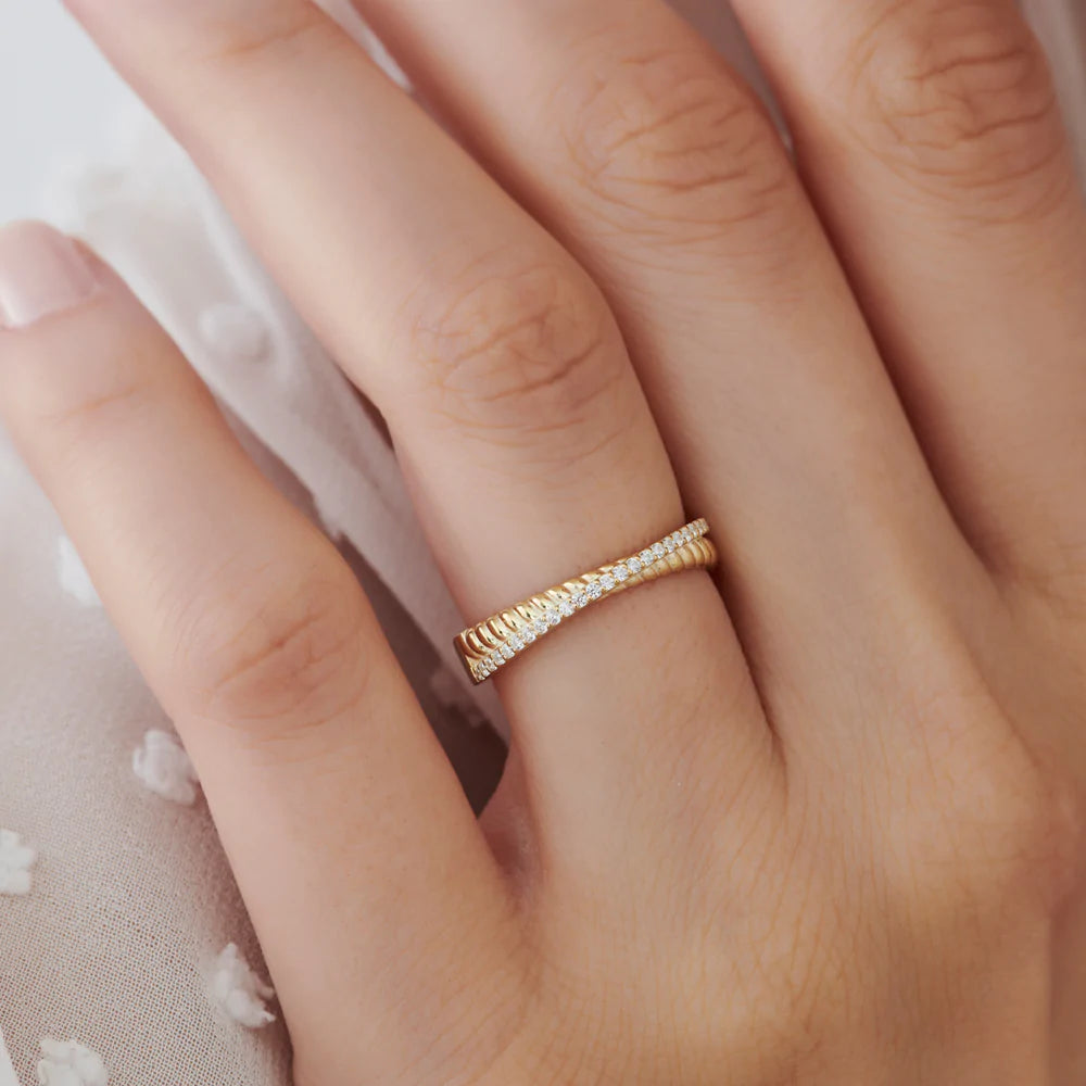Solid Gold Micro Pave Diamond Twisted Rope Criss Cross Ring