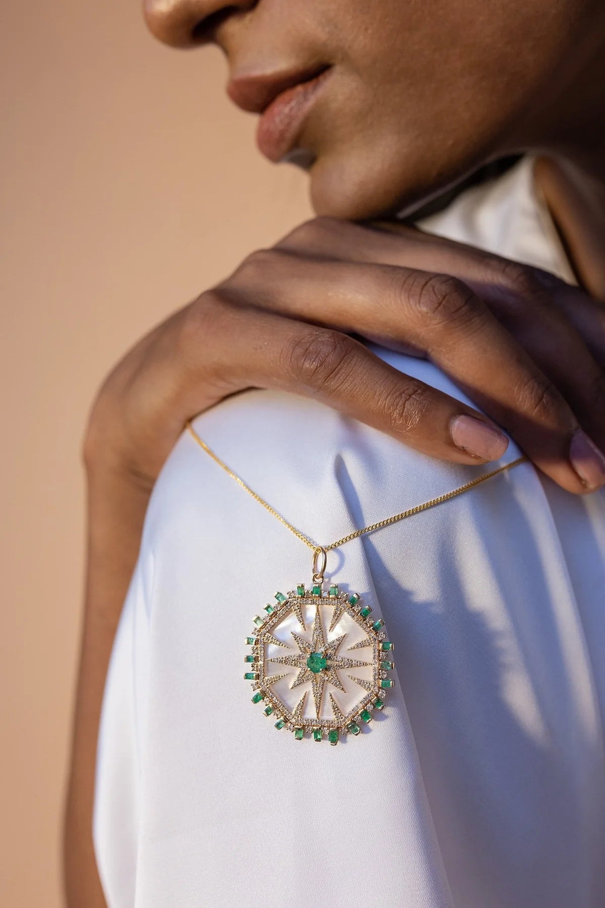 Solid Gold Emerald & Mother of Pear Charm