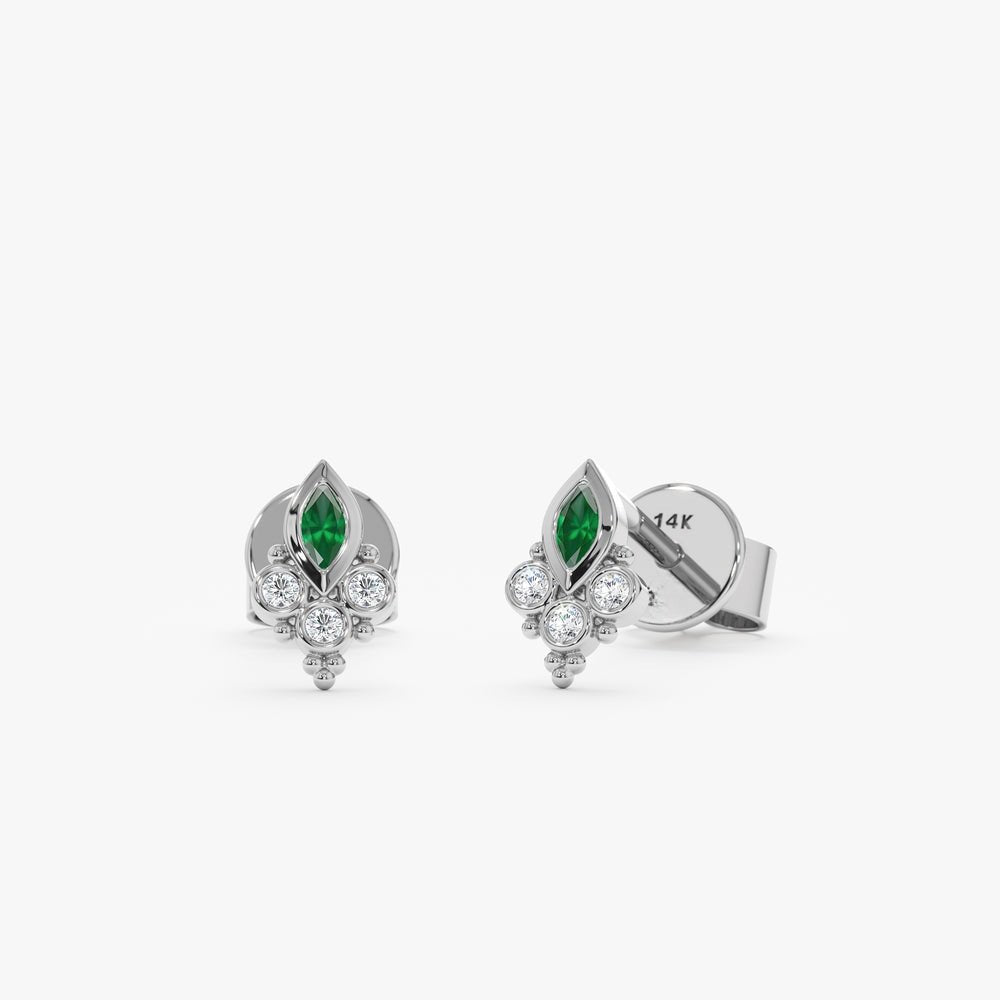 Solid Gold Triple Diamond Marquise Emerald Studs