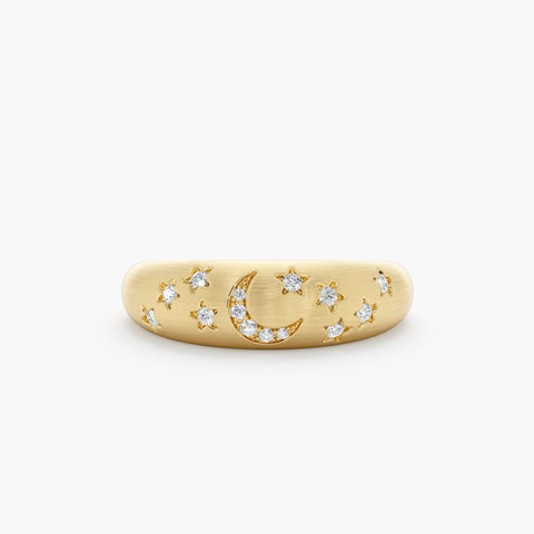 Solid Gold Diamond Moon Star Brushed Dome Ring (4C1F2F)
