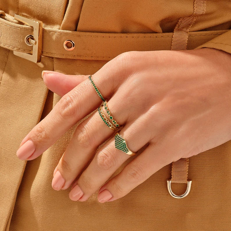 Solid Gold Emerald Flat Pave Signet Ring