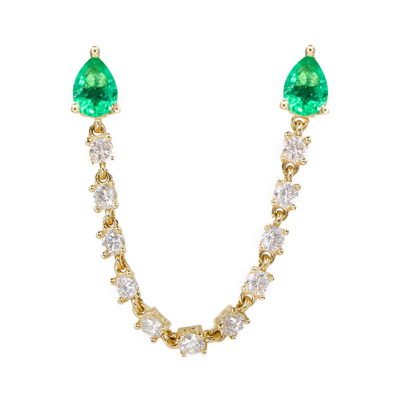 Solid Gold Diamond Emerald Pear Connecting Earring