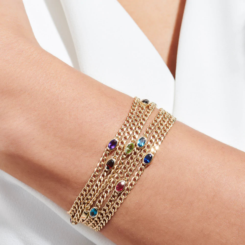Solid Gold Cuban Link Bracelet Bezel Setting Peridot Bangles