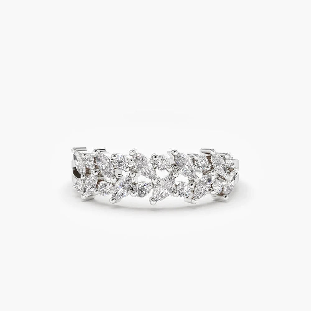 Solid Gold Two Row Marquise & Round Diamond Ring