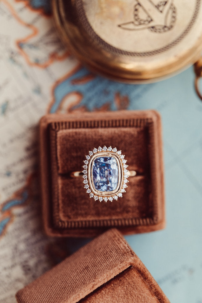 Solid Gold Halo Ring The Nile 3.46 ct Cushion Blue Sapphire with .17 ct