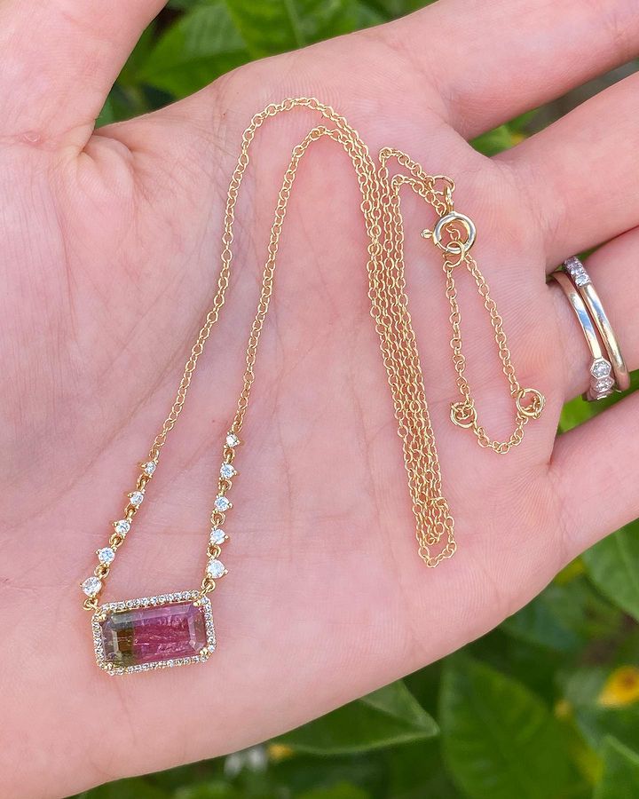 Solid Gold Watermelon Tourmaline Diamond Necklace