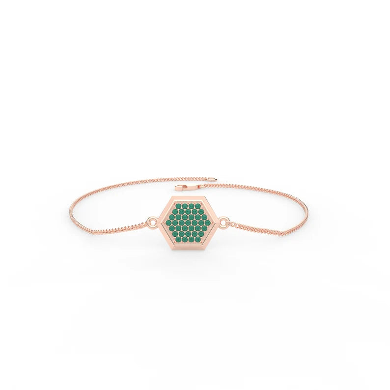 Solid Gold Natural Emerald Hexagon Chain Bracelet