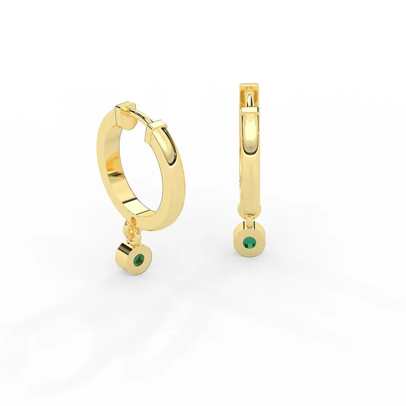 Solid Gold Hoop earrings with Dangling Emerald