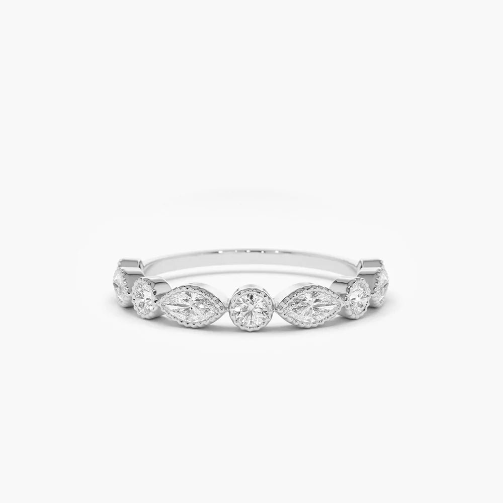 Solid Gold Marquise and Round Diamond Milgrain Bezel Setting Ring