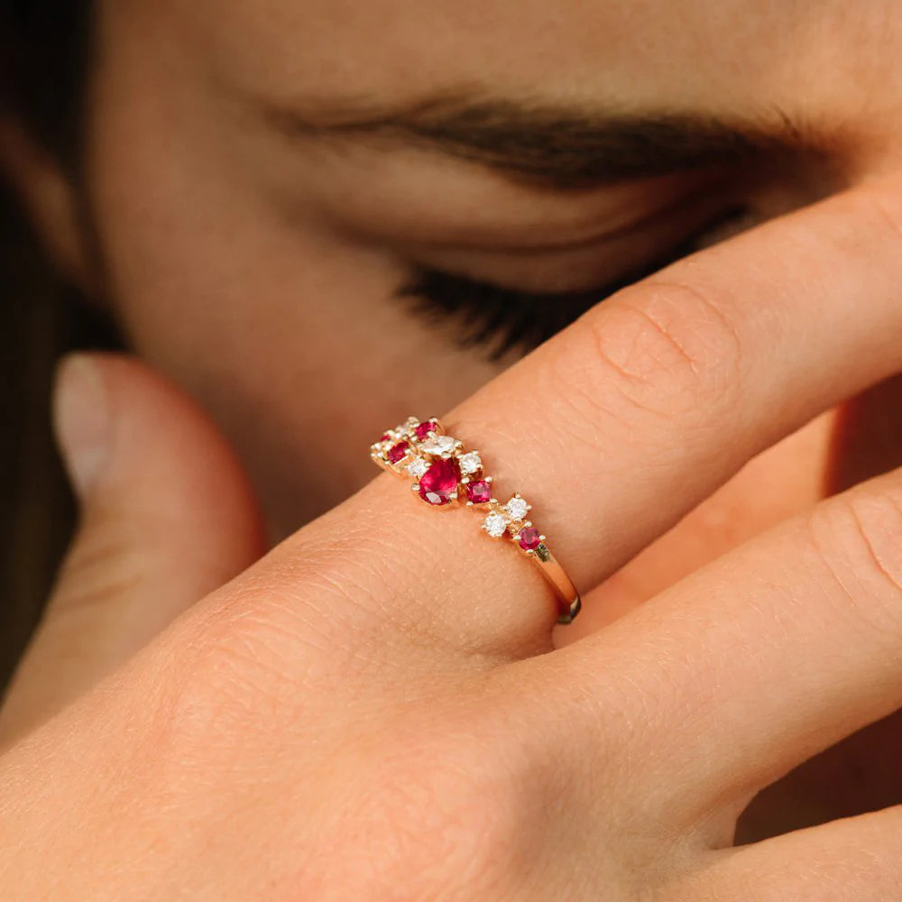 Solid Gold Ruby and Diamond Mixed Shape Cluster Ring