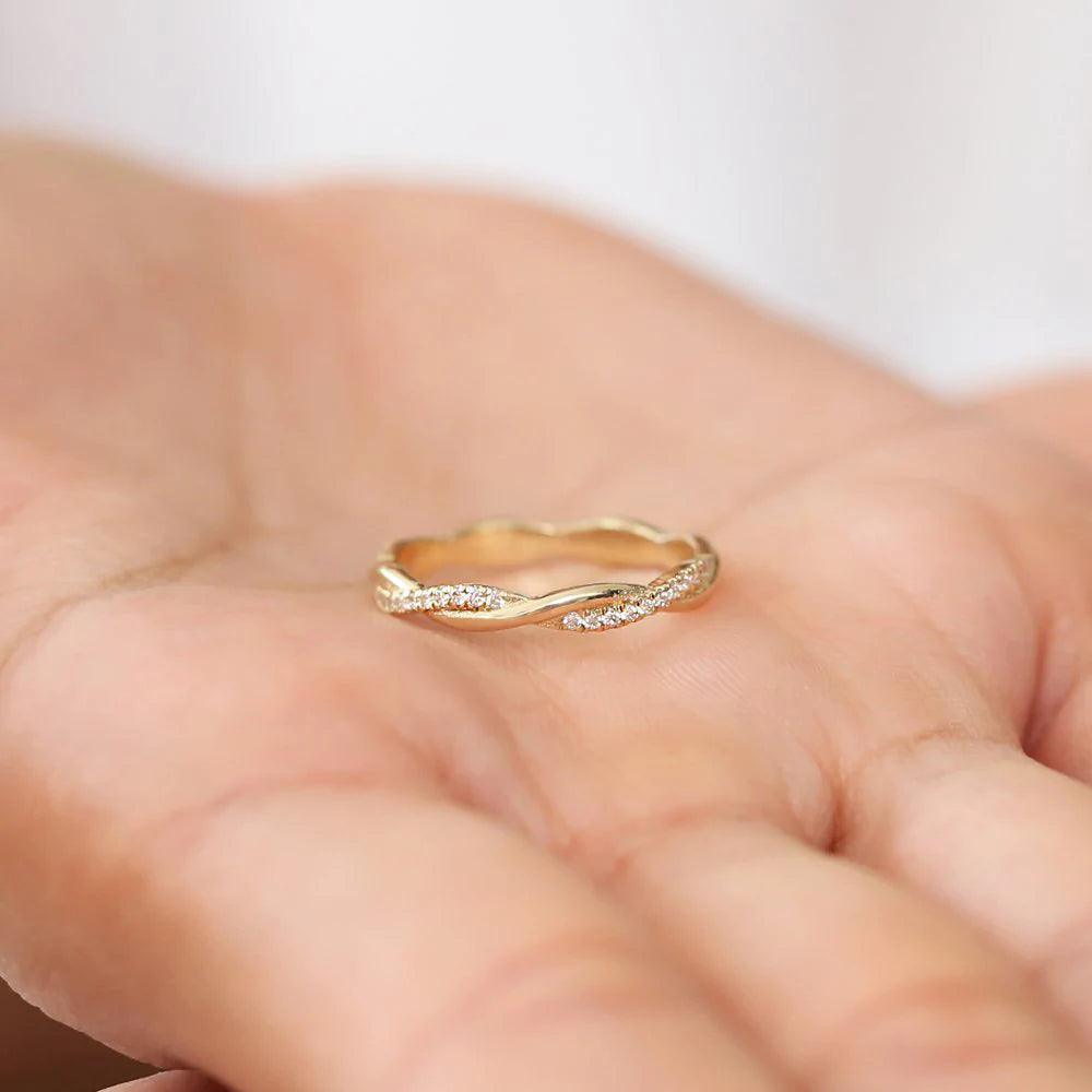 Solid Gold Weaving Braid Eternity Diamond Ring
