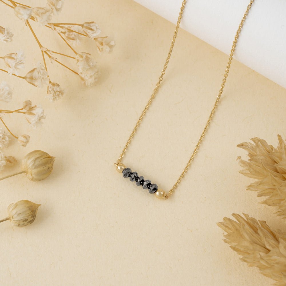 Solid Gold Black Diamond Beaded Bar Necklace (E03BBB)