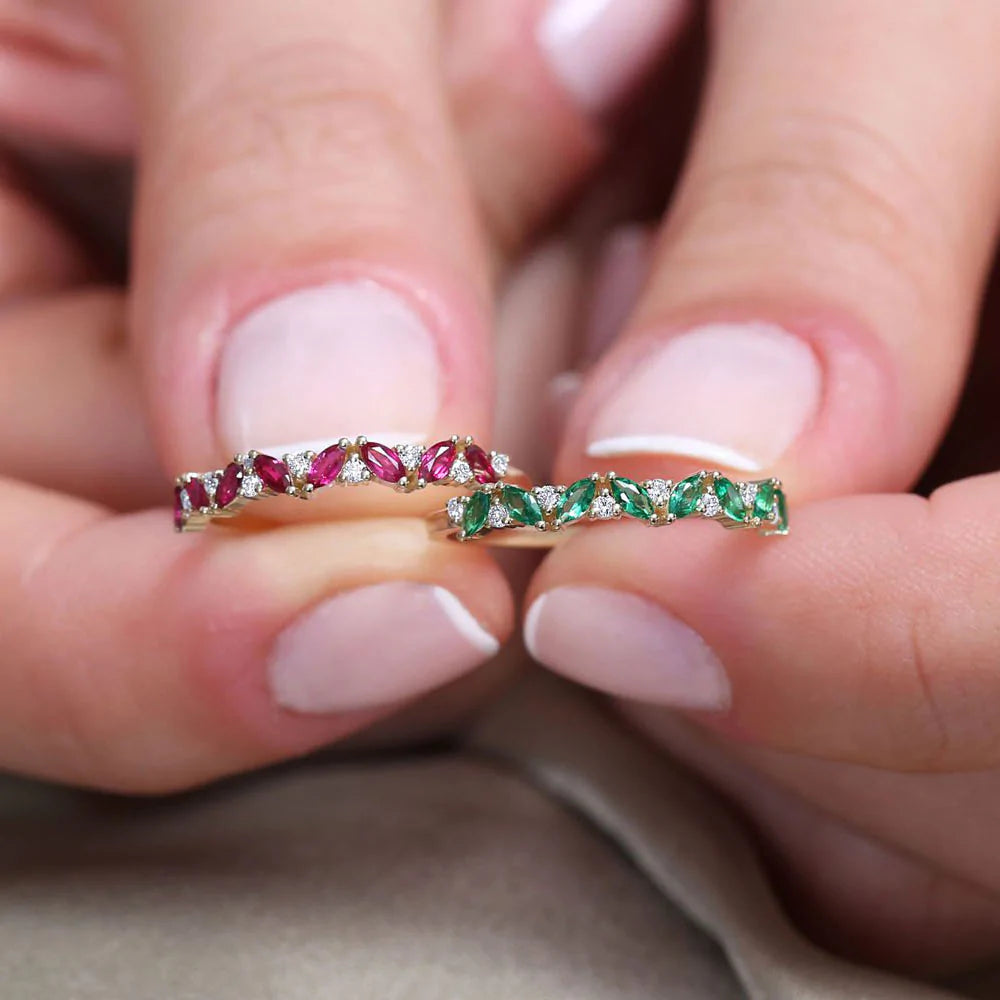 Solid Gold Slanted Emerald and Round Diamond Ring
