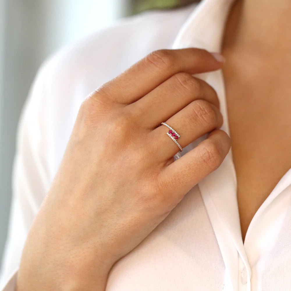 Solid Gold Cross Over Diamond Ring with Round Rubies
