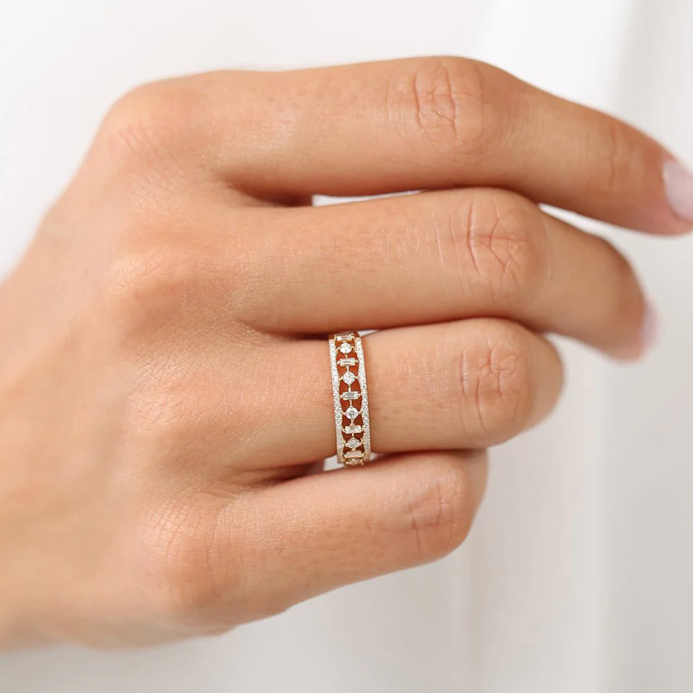 Solid Gold Unique Baguette Diamond Wedding Ring