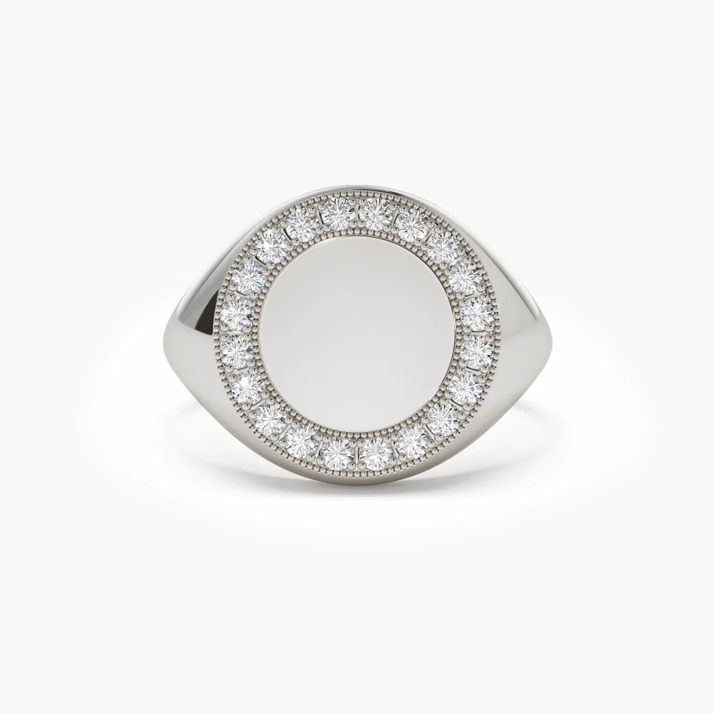 Solid Gold Diamond Round Signet Ring