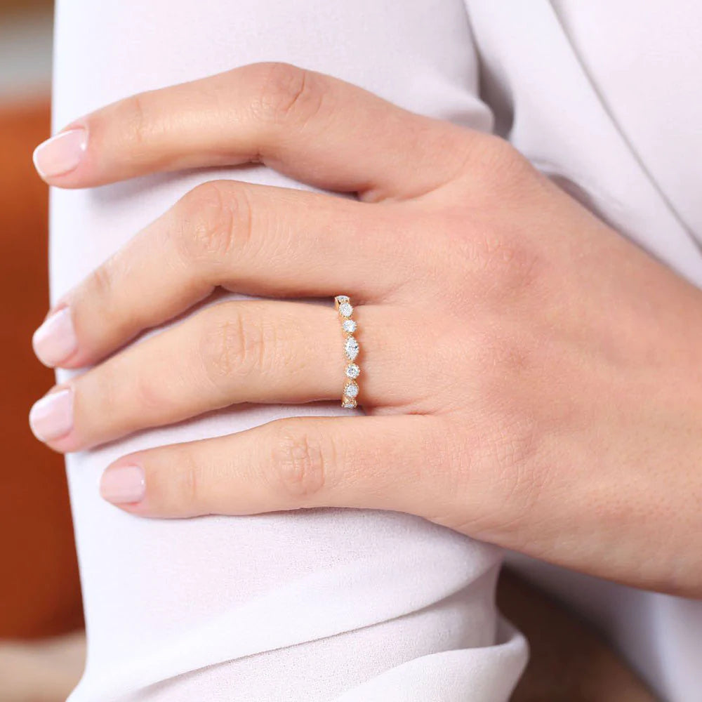 Solid Gold Marquise and Round Diamond Milgrain Bezel Setting Ring