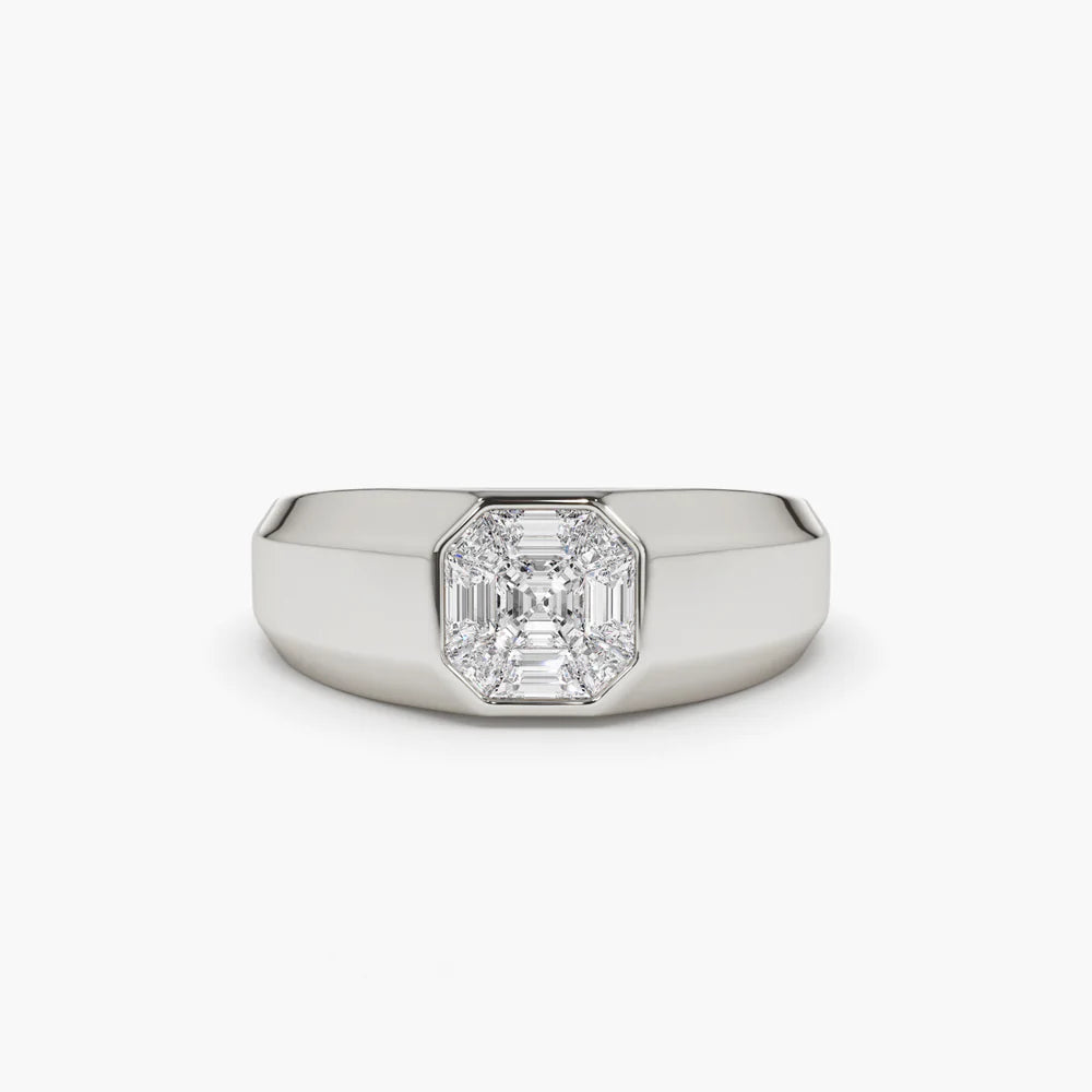 Solid Gold Asscher Cut Illusion Mosaic Solitaire Pinky Ring